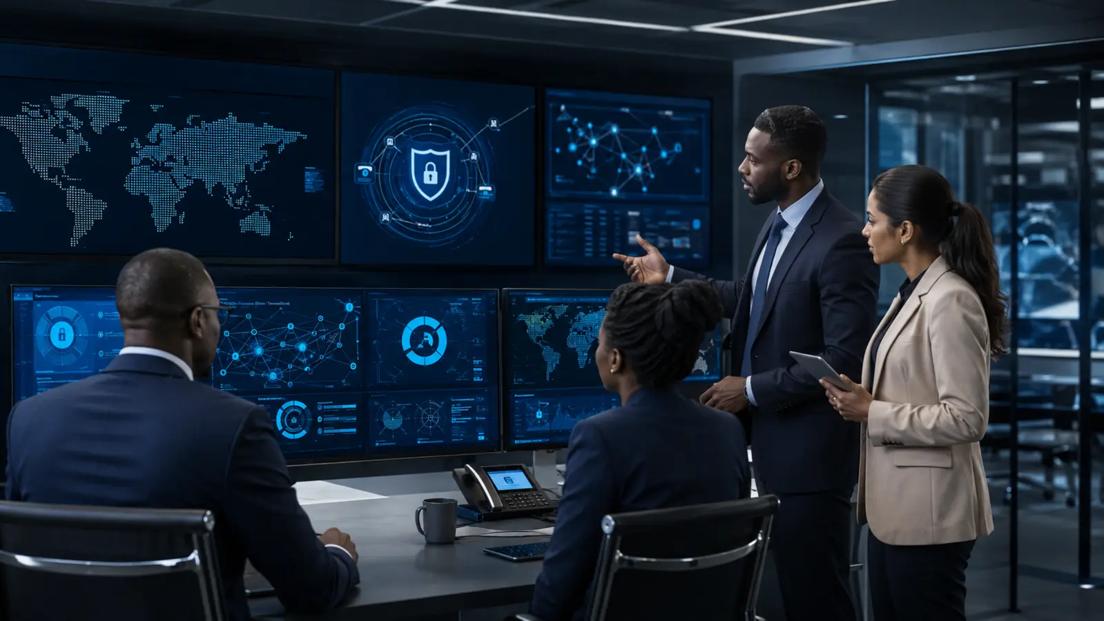 Business and security leaders reviewing cybersecurity operations and risk