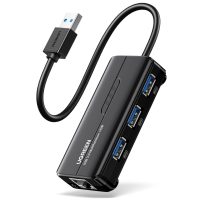 UGREEN USB Type-A Male to Ethernet Adapter with 3-Port USB Hub – Black